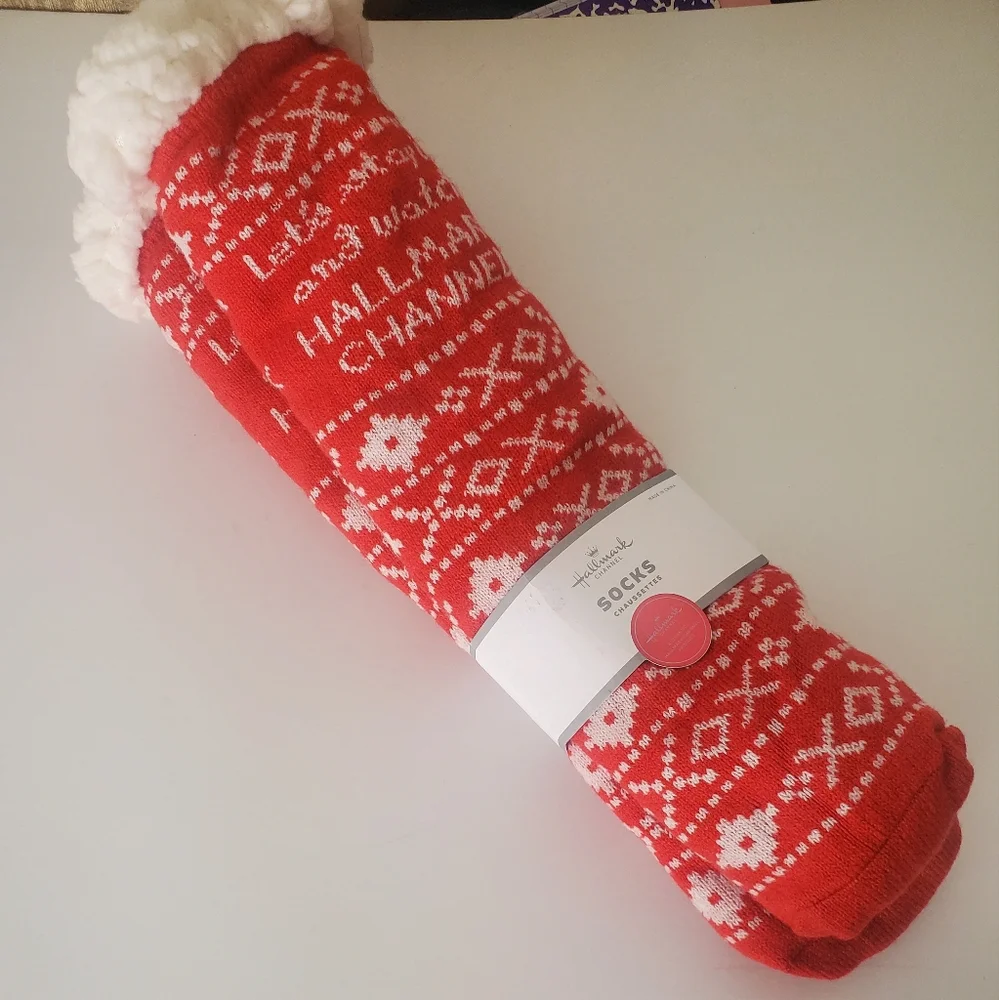 Hallmark Movie channel red white grip socks Faux shearling lined cozy one size